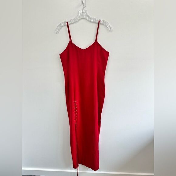 Vintage 90'S Red Spaghetti Strap High Front Leg Slit Lace Up Midi Dress Size S - Picture 5 of 10